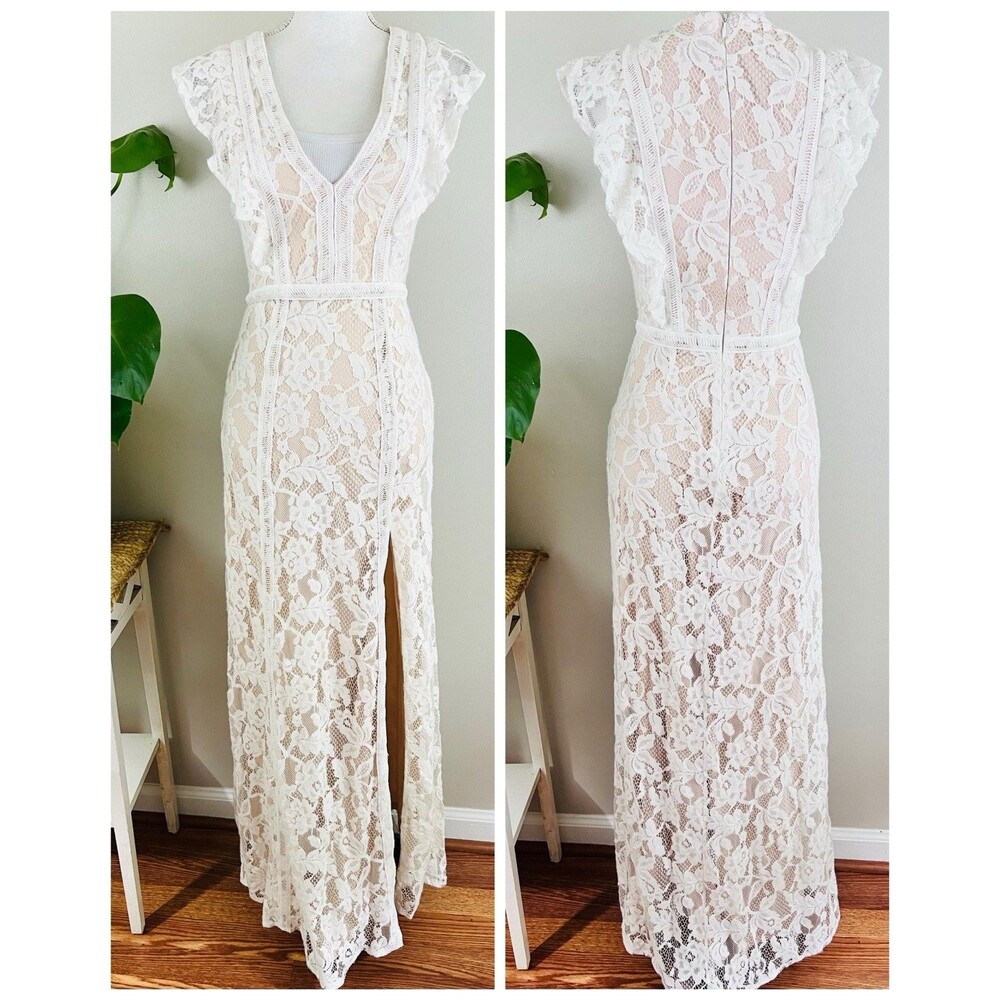 Lulus 'This Moment in Time' White Lace Over Nude Ruffled Maxi Dress Gown Sz XS